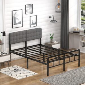 EMODA 16 Inch Queen Bed Frame with Upholstered Headboard and Metal Footboard, Heavy Duty Metal Slats Support Mattress Foundation, No Box Spring Needed, Easy Assembly