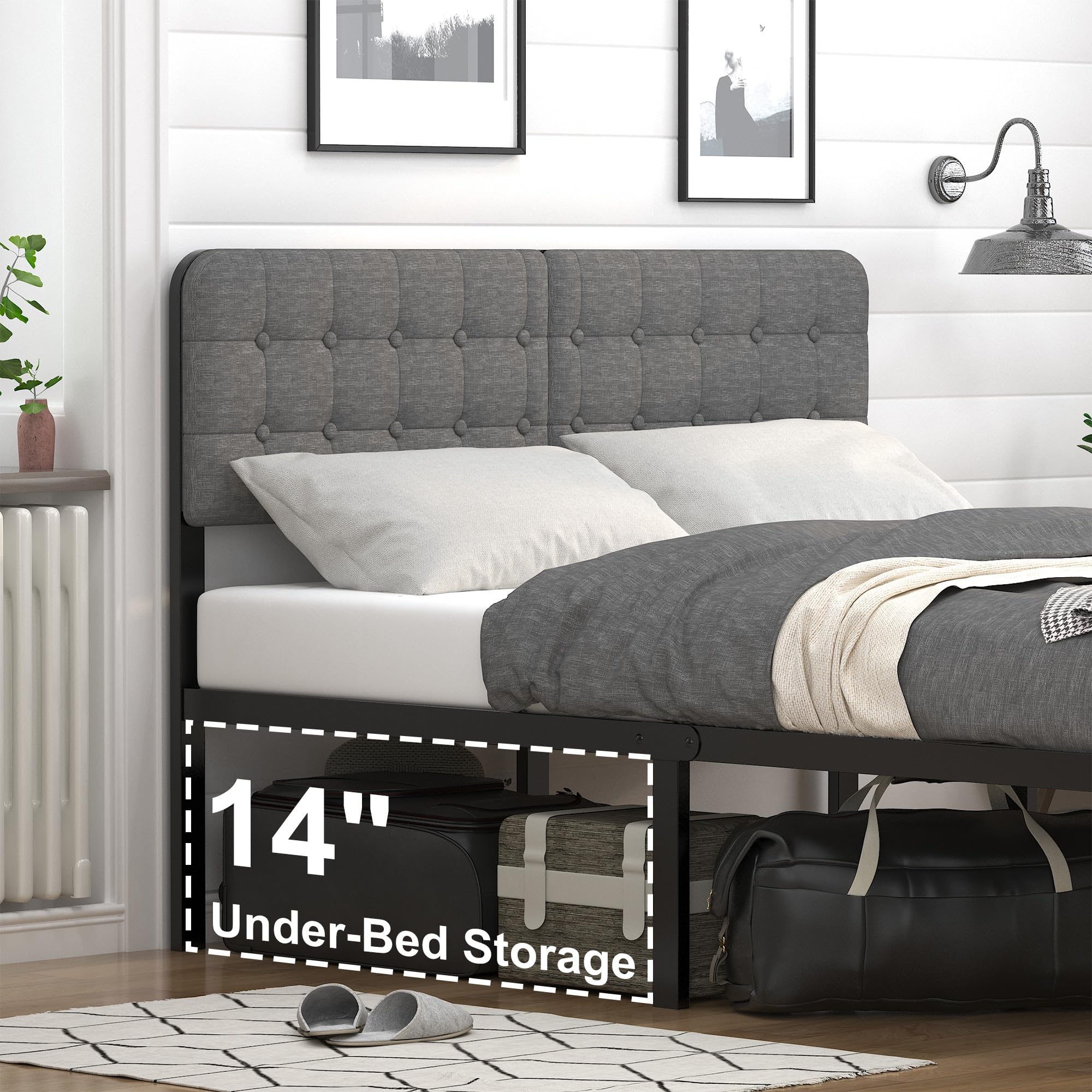 EMODA 16 Inch Queen Bed Frame with Upholstered Headboard and Metal Footboard, Heavy Duty Metal Slats Support Mattress Foundation, No Box Spring Needed, Easy Assembly