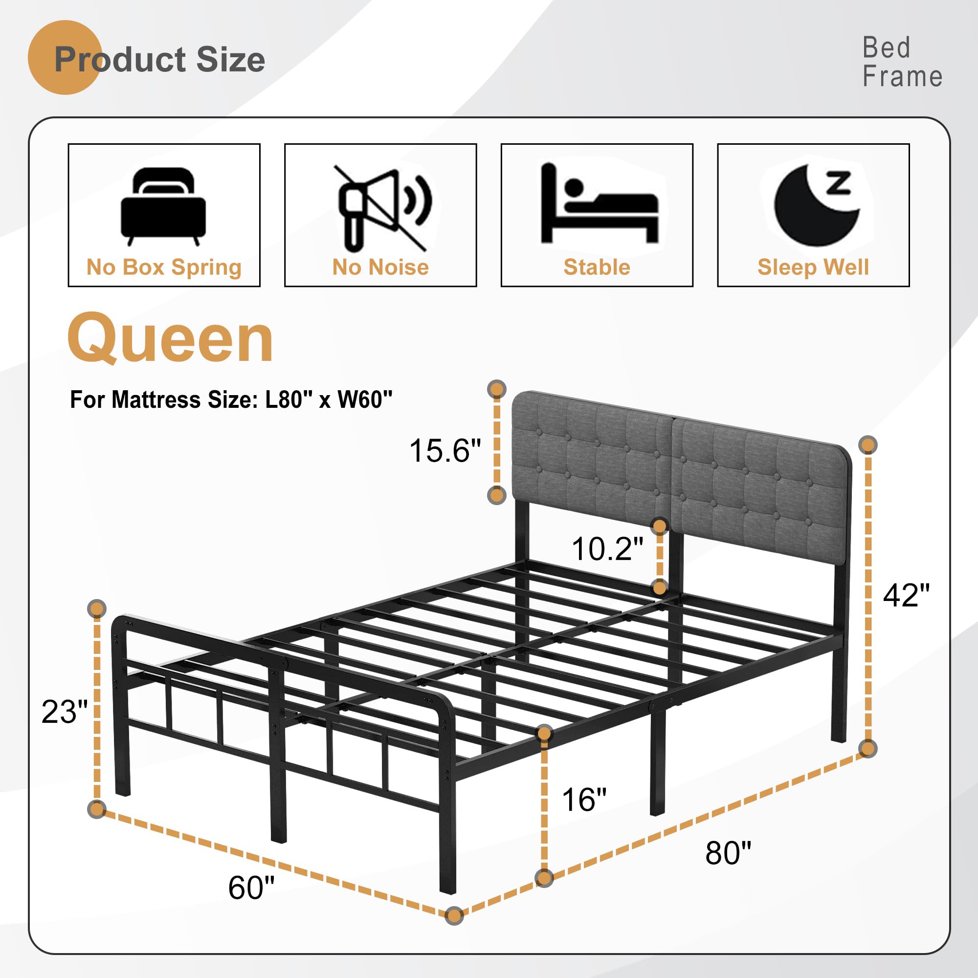 EMODA 16 Inch Queen Bed Frame with Upholstered Headboard and Metal Footboard, Heavy Duty Metal Slats Support Mattress Foundation, No Box Spring Needed, Easy Assembly