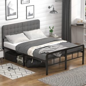 EMODA 16 Inch King Size Bed Frame with Upholstered Headboard and Metal Footboard, Heavy Duty Metal Slats Support Mattress Foundation, No Box Spring Needed, Easy Assembly