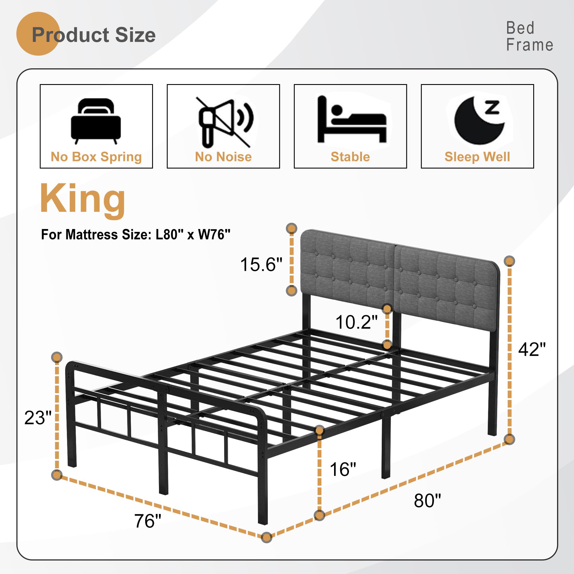 EMODA 16 Inch King Size Bed Frame with Upholstered Headboard and Metal Footboard, Heavy Duty Metal Slats Support Mattress Foundation, No Box Spring Needed, Easy Assembly