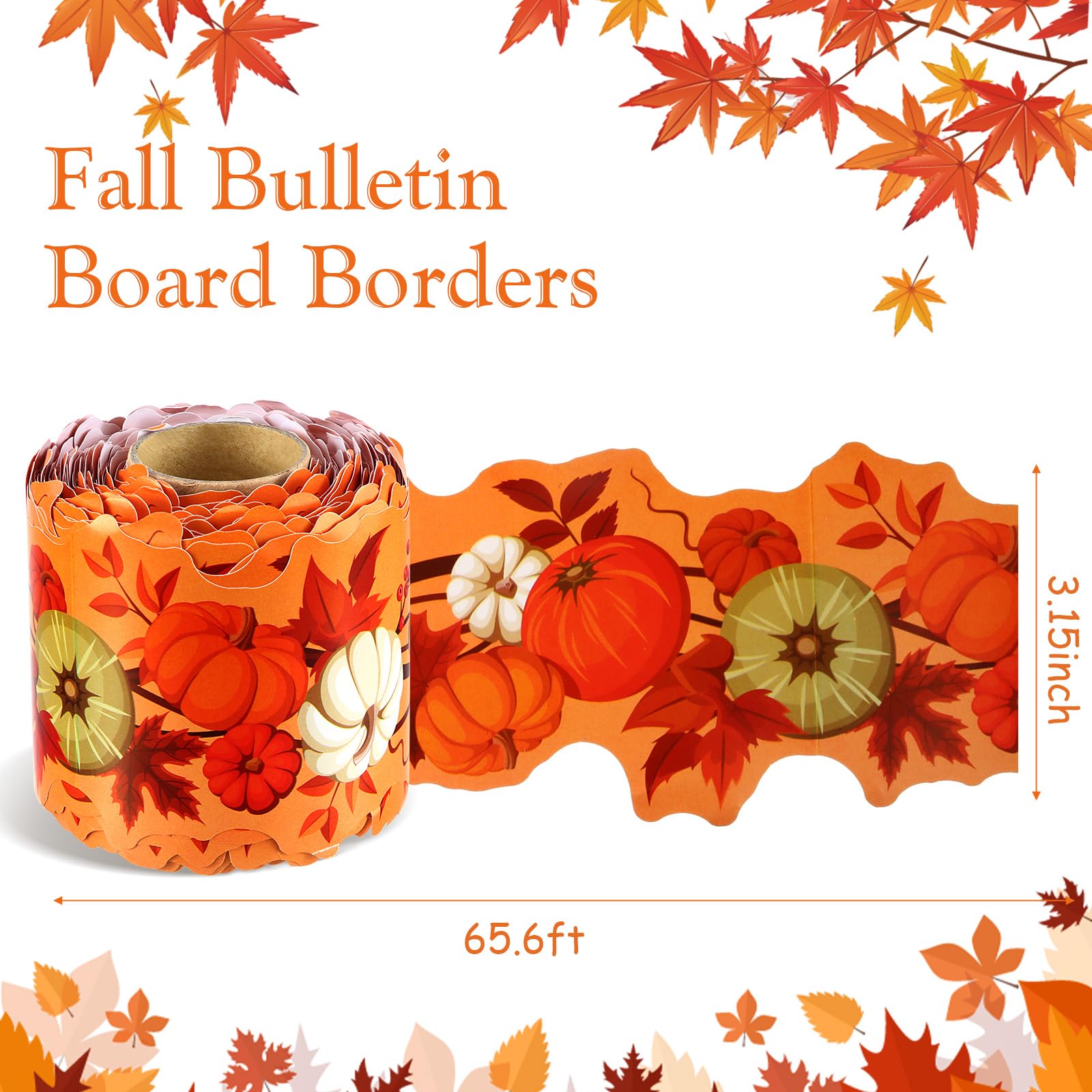 Cholemy 65.6 ft Bulletin Board Borders Fall Bulletin Border Decoration Halloween Bulletin Board Borders Fall Classroom Decoration for Halloween Thanksgiving Classroom (Pumpkin, Maple Leaf)