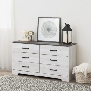 Prepac Rustic Ridge Farmhouse 6-Drawer Chest of Drawers for Bedroom, Wooden Bedroom Drawer Dresser with 6 Storage Drawers, 18.25in x 53.25in x 28.5in, Washed White, ADBR-1606-1