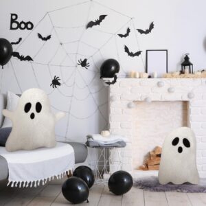 Soaoo 4 Pcs Halloween Throw Pillows Decorative Spooky Pillows for Sofa Bed Stuffed Halloween Pillow for Couch Party Outdoor Home Decorations Ghost Decor Cushion