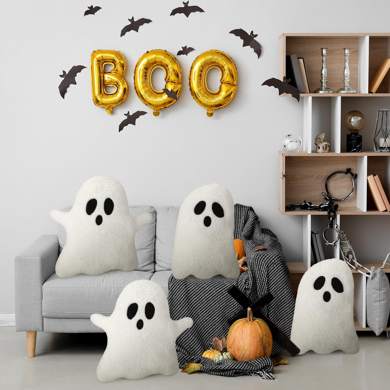 Soaoo 4 Pcs Halloween Throw Pillows Decorative Spooky Pillows for Sofa Bed Stuffed Halloween Pillow for Couch Party Outdoor Home Decorations Ghost Decor Cushion