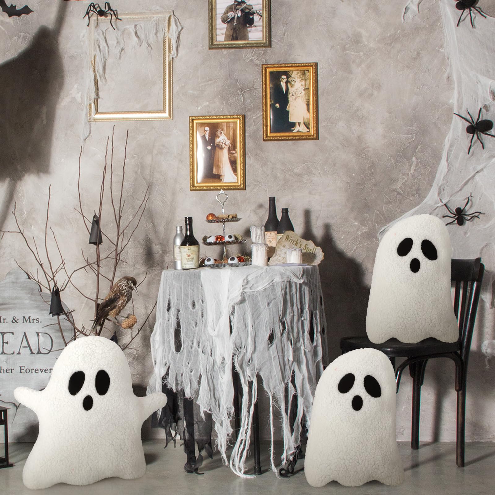 Soaoo 4 Pcs Halloween Throw Pillows Decorative Spooky Pillows for Sofa Bed Stuffed Halloween Pillow for Couch Party Outdoor Home Decorations Ghost Decor Cushion