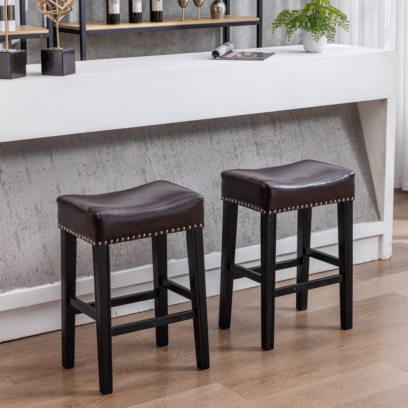 YLEOOB Counter Height 26 "Kitchen Counter stools, Backless Artificial Leather stools, Farmhouse Island Chairs, Solid Wood bar stools, 2-Piece Set (26", Dark Brown)