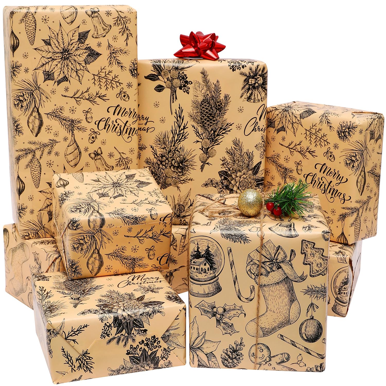 BOLIANNE Brown Christmas Wrapping Paper for Men Women Kids - Rustic Xmas Gift Wrap Paper for Holiday New Year Party - Vintage Design, 6 Large Sheets, 27 x 37 Inch, High Gloss