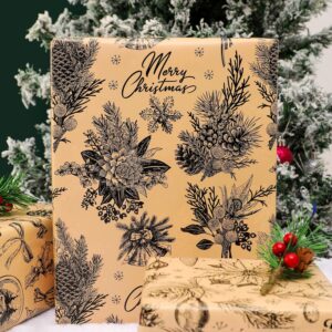 BOLIANNE Brown Christmas Wrapping Paper for Men Women Kids - Rustic Xmas Gift Wrap Paper for Holiday New Year Party - Vintage Design, 6 Large Sheets, 27 x 37 Inch, High Gloss