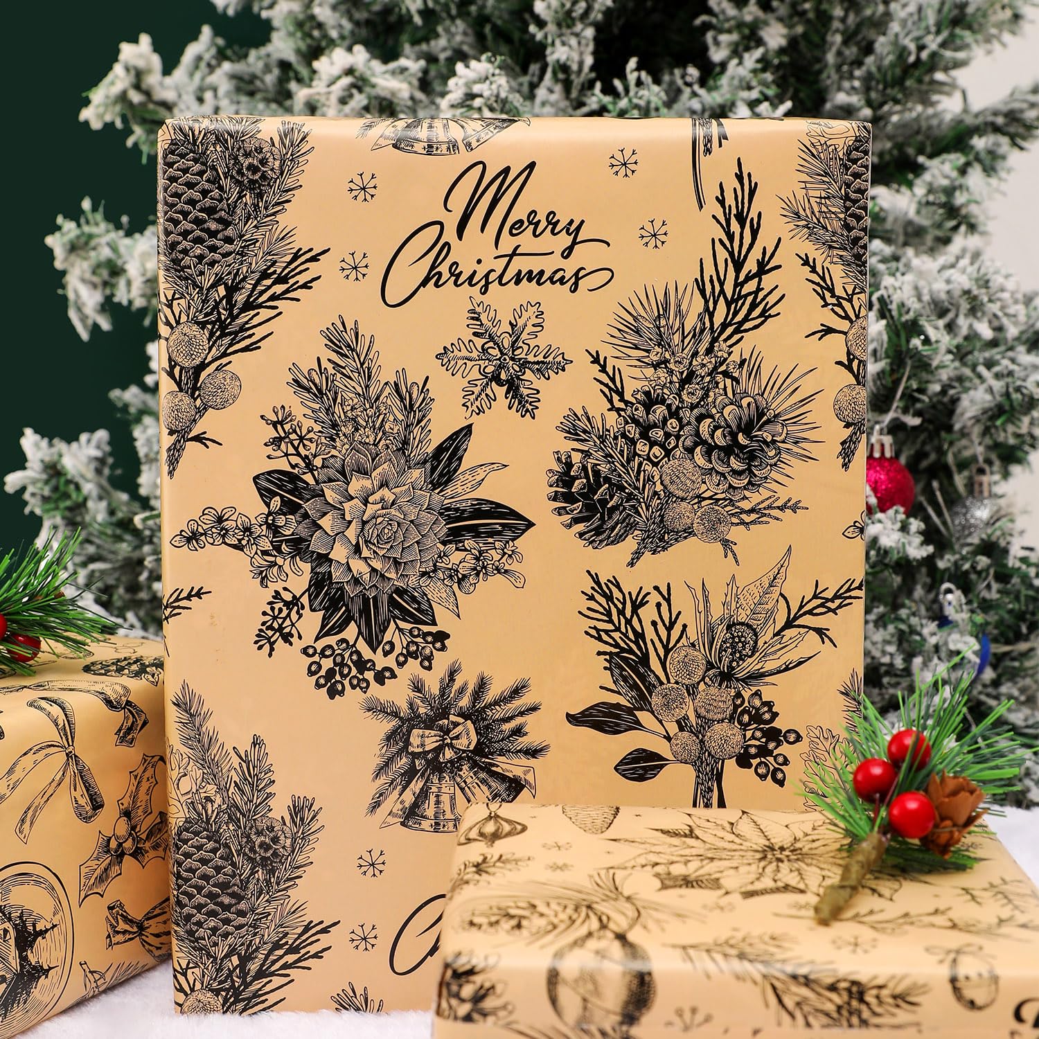 BOLIANNE Brown Christmas Wrapping Paper for Men Women Kids - Rustic Xmas Gift Wrap Paper for Holiday New Year Party - Vintage Design, 6 Large Sheets, 27 x 37 Inch, High Gloss