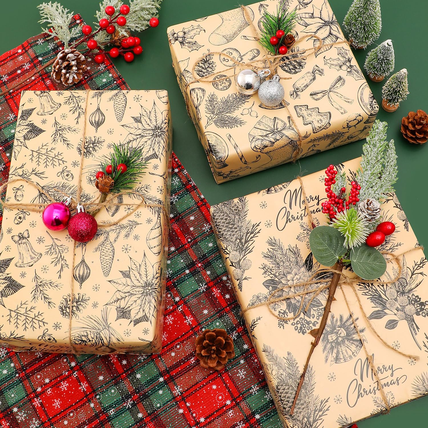 BOLIANNE Brown Christmas Wrapping Paper for Men Women Kids - Rustic Xmas Gift Wrap Paper for Holiday New Year Party - Vintage Design, 6 Large Sheets, 27 x 37 Inch, High Gloss