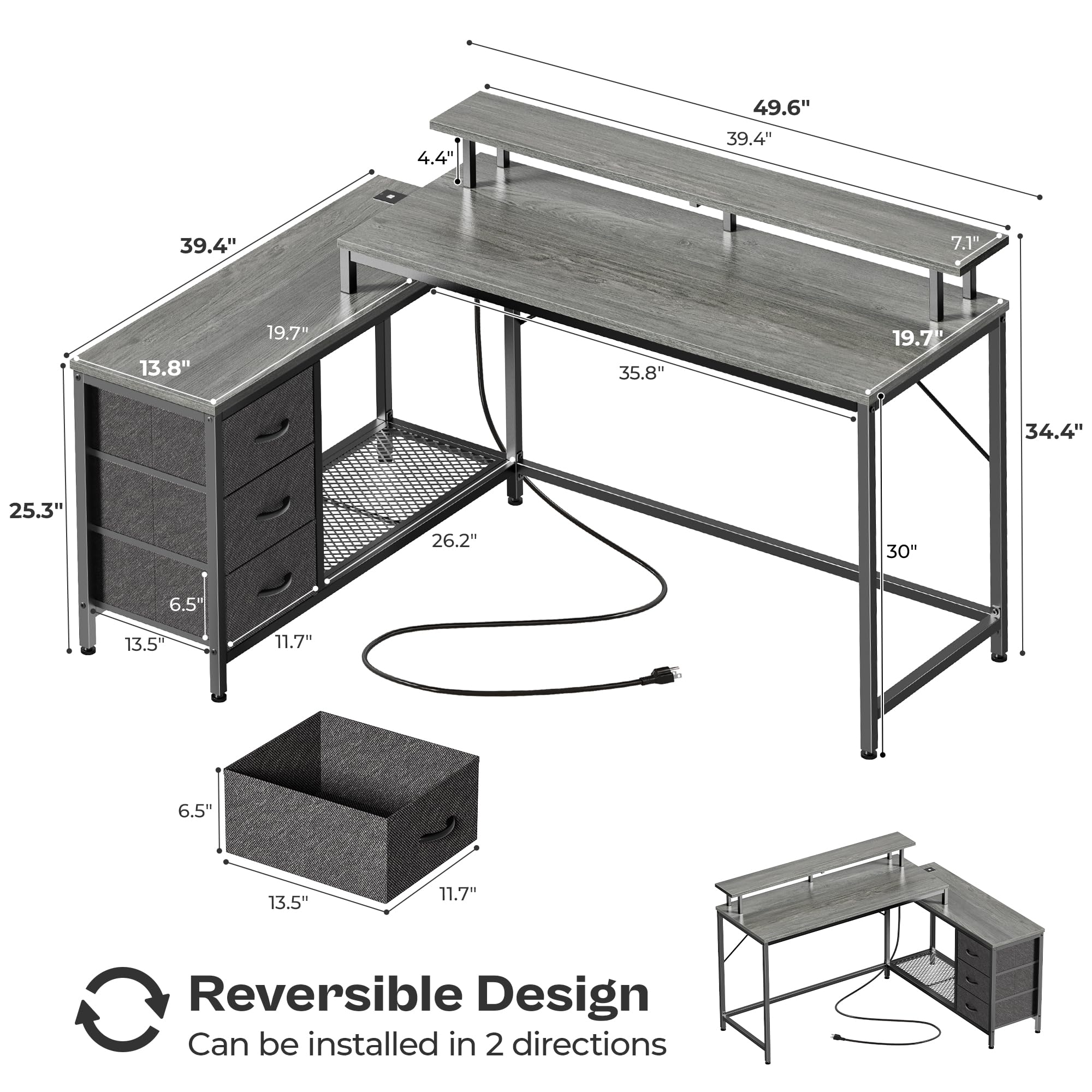 Huuger Reversible L Shaped Computer Desk with Drawers, Gaming Desk with LED Lights and Power Outlets, Office Desk with Storage Shelves, Corner Desk with Monitor Stand, for Home & Office, Gray