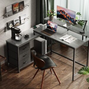 Huuger Reversible L Shaped Computer Desk with Drawers, Gaming Desk with LED Lights and Power Outlets, Office Desk with Storage Shelves, Corner Desk with Monitor Stand, for Home & Office, Gray