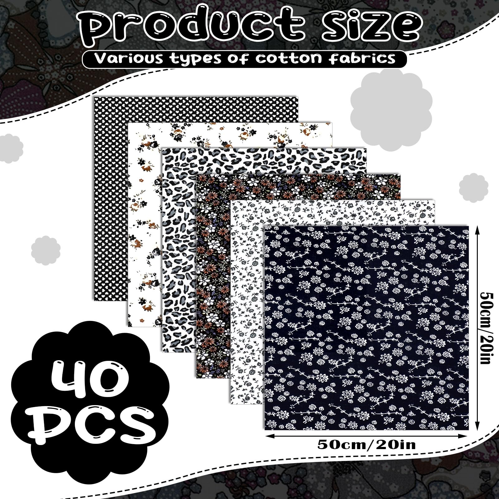 Ganeen 40 Pcs 20" x 20" Quilting Cotton Fabric Squares Patchwork Fabrics Cotton Printed Craft Fabric Patchwork Bundles Quilting Fabric Craft Fat Quarters for DIY Sewing Cloths Craft Patchwork(Black)