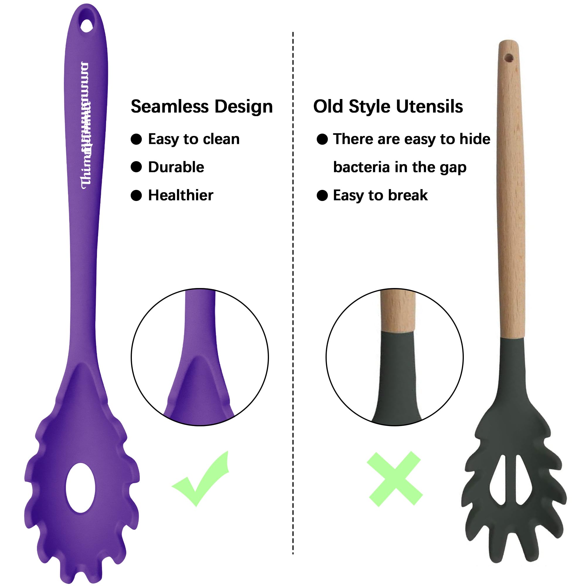 Silicone Cooking Spoons, Heat Resistant Large Silicone Pasta Slotted Spoon Solid Basting Spoon set for Nonstick Cookware, BPA Free Black Kitchen Silicone Spoons set for Mixing, Serving, Purple