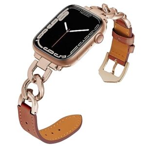 leather band compatible with apple watch band women 38mm 40mm, dressy leather strap with cool chain for iwatch bands series 9 8 se 7 6 5 4 3 2 1 (38, brown/rose gold)