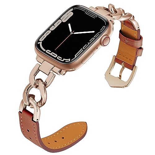 Leather Band Compatible with Apple Watch Band Women 38mm 40mm, Dressy Leather Strap with Cool Chain for iWatch Bands Series 9 8 SE 7 6 5 4 3 2 1 (38, Brown/Rose Gold)