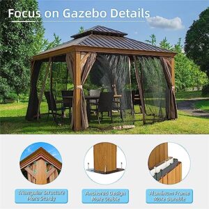 UBGO 12x12FT Hardtop Gazebo,Outdoor Permanent Metal Pavilion with Curtains&Netting,Wooden Coated Aluminum Frame Canopy with Galvanized Steel Double Roof for Patios Deck Backyard,Lawn (Yellow Brown)