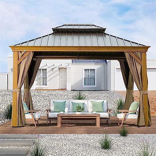 UBGO 10x12FT Hardtop Gazebo,Outdoor Permanent Metal Pavilion,Wooden Coated Aluminum Frame Canopy with Galvanized Steel Double Roof,Gazebo with Curtains and Netting for Patio, Deck and Lawn