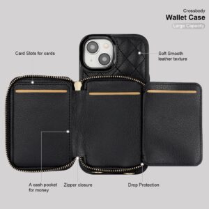 Bocasal Crossbody Wallet Case for iPhone 15, RFID Blocking PU Leather Zipper Handbag Purse Flip Cover, Kickstand Folio Case with Card Slots Holder Wrist Strap Lanyard 5G 6.1 Inch (Black)