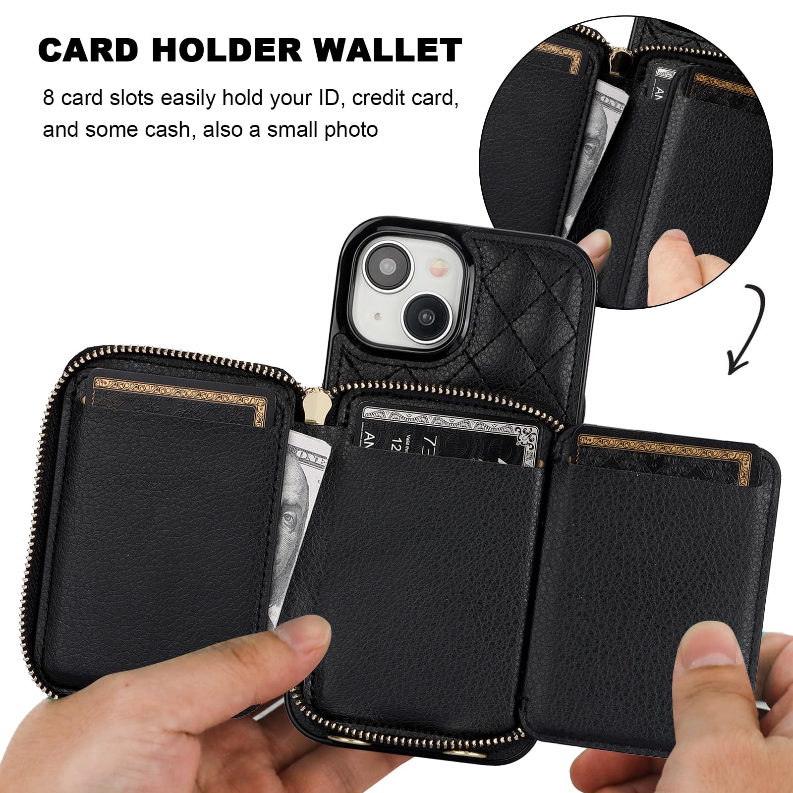 Bocasal Crossbody Wallet Case for iPhone 15, RFID Blocking PU Leather Zipper Handbag Purse Flip Cover, Kickstand Folio Case with Card Slots Holder Wrist Strap Lanyard 5G 6.1 Inch (Black)