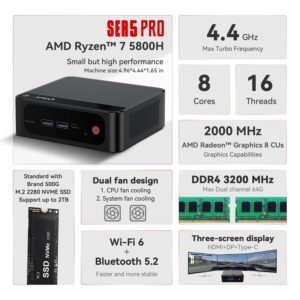 Beelink SER5 Mini PC,AMD Ryzen 7 5800H PRO(8C/16T,up to 4.4GHz),Mini Computer with 16GB DDR4 RAM/500GB M.2 2280 SSD,Micro PC Support 4K FPS,WiFi6/BT5.2/USB3.2/Home/Office/Game