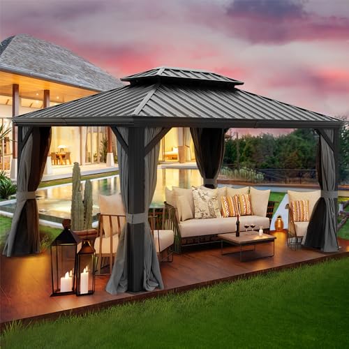 Evedy Outdoor Gazebos 10X12ft,Hardtop Gazebos with Curtains&Netting,Galvanized Steel Double Canopy,Gazebo Outdoor Aluminum Gazebos Grill for Patios Deck Backyard and Lawns