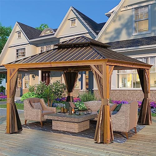 Evedy 12x12FT Hardtop Gazebo,Outdoor Permanent Metal Pavilion with Curtains&Netting,Wooden Coated Aluminum Frame Canopy with Galvanized Steel Double Roof for Patios Deck Backyard,Lawn (Yellow Brown)