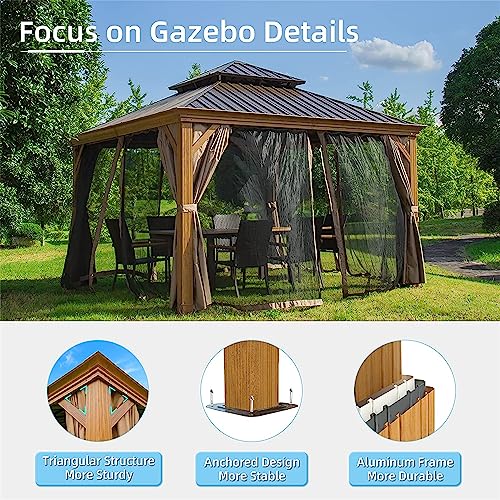 Evedy 12x12FT Hardtop Gazebo,Outdoor Permanent Metal Pavilion with Curtains&Netting,Wooden Coated Aluminum Frame Canopy with Galvanized Steel Double Roof for Patios Deck Backyard,Lawn (Yellow Brown)