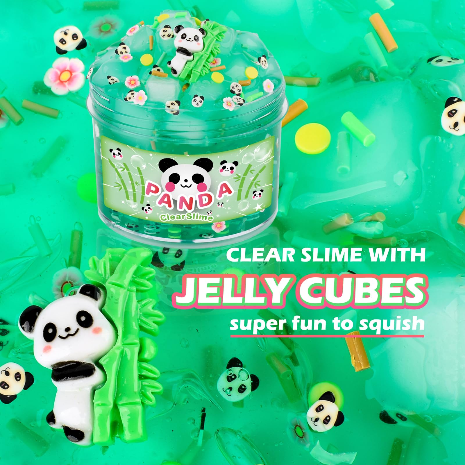 Green Clear Slime with Jelly Cubes and Cute Slime Add-ins, Glimmer Slime Crunchy Crystal Slime Boba Slime, Super Soft Sludge Toy with Cute Charms Kids Party Favors Slime for Girls and Boys