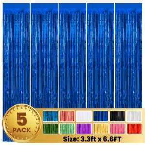 pabues 5 pack 3.3 x 6.6 ft blue foil fringe backdrop curtain, streamer backdrop curtains, streamers birthday party decorations, fringe backdrop for graduation, baby shower, gender reveal