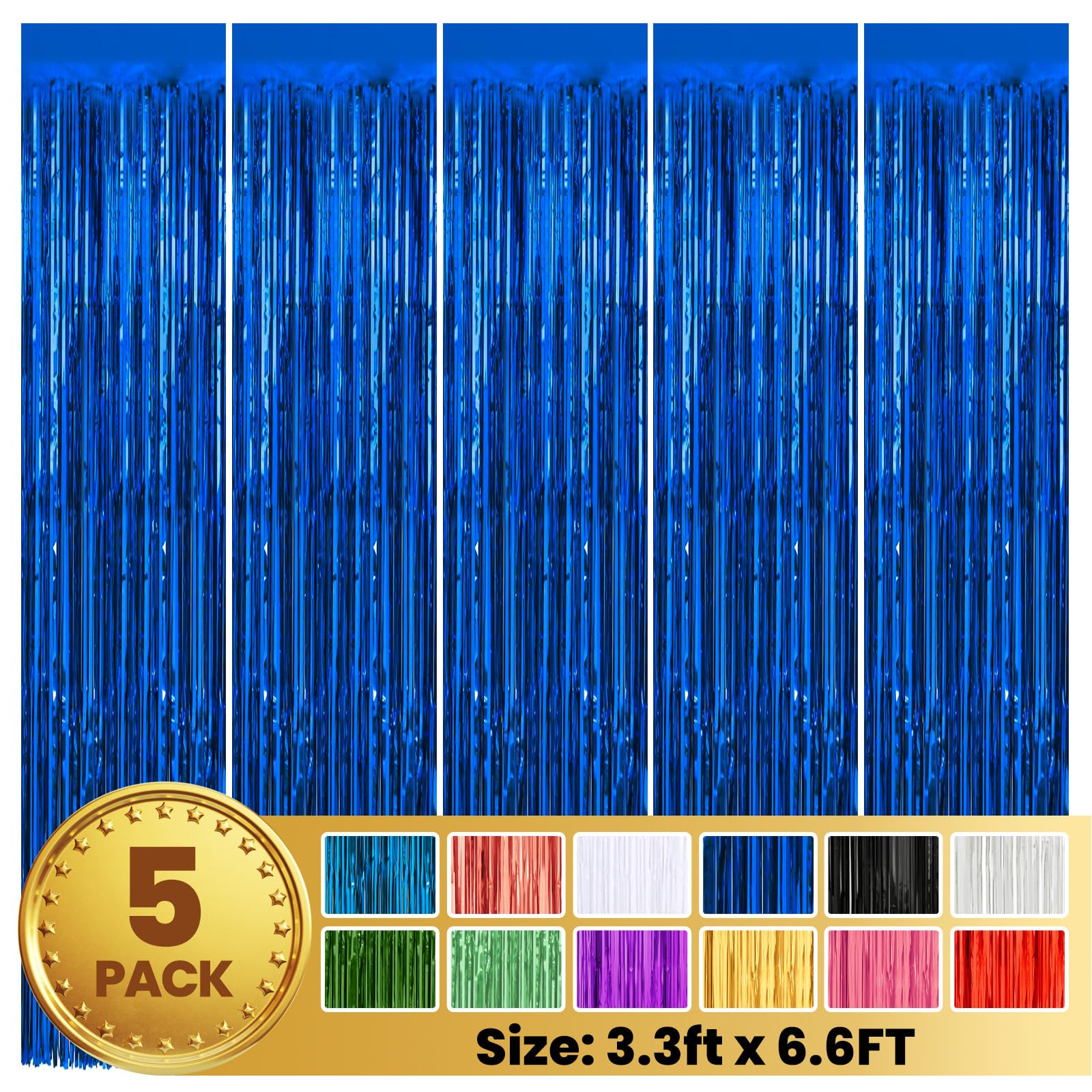 PABUES 5 Pack 3.3 x 6.6 FT Blue Foil Fringe Backdrop Curtain, Streamer Backdrop Curtains, Streamers Birthday Party Decorations, Fringe Backdrop for Graduation, Baby Shower, Gender Reveal