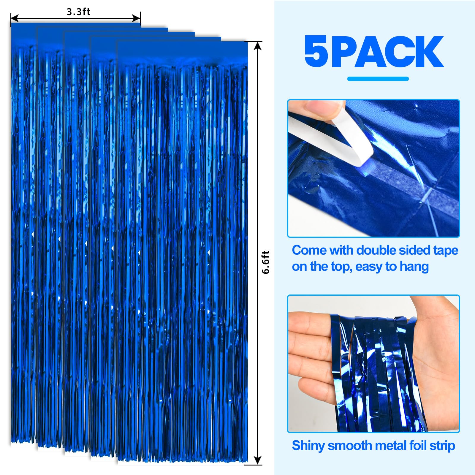 PABUES 5 Pack 3.3 x 6.6 FT Blue Foil Fringe Backdrop Curtain, Streamer Backdrop Curtains, Streamers Birthday Party Decorations, Fringe Backdrop for Graduation, Baby Shower, Gender Reveal