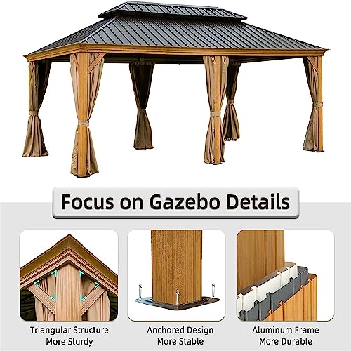 Evedy 12x20FT Hardtop Gazebo,Outdoor Permanent Pavilion with Curtains&Netting,Outdoor Aluminum Wood Grain Gazebos with Galvanized Steel Double Canopy for Patios Deck Backyard,Lawn (Yellow Brown)