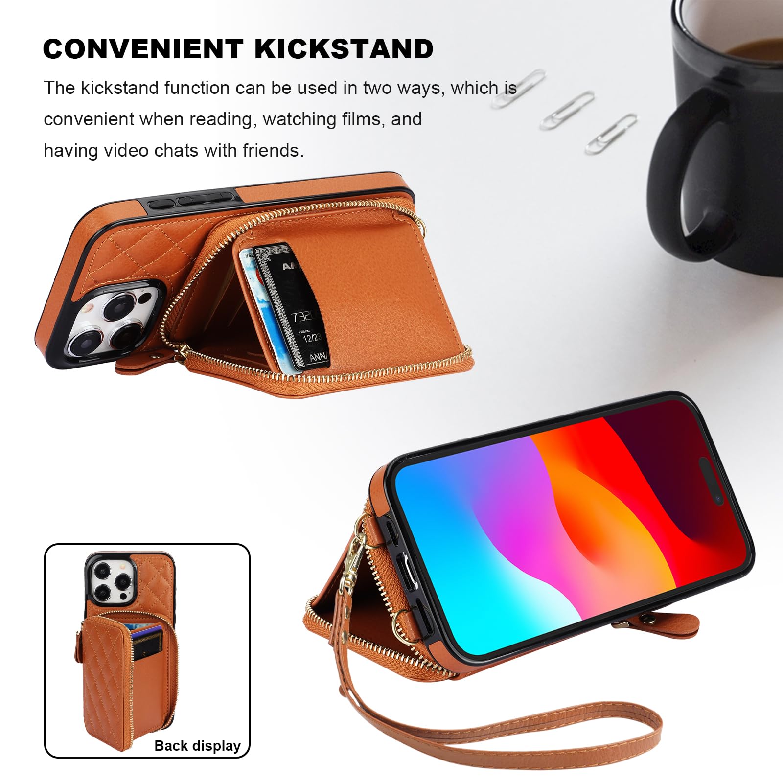 Bocasal Crossbody Wallet Case for iPhone 15 Pro Max, RFID Blocking PU Leather Zipper Handbag Purse Flip Cover, Kickstand Folio Case with Card Slots Holder Wrist Strap Lanyard 5G 6.7 Inch (Brown)