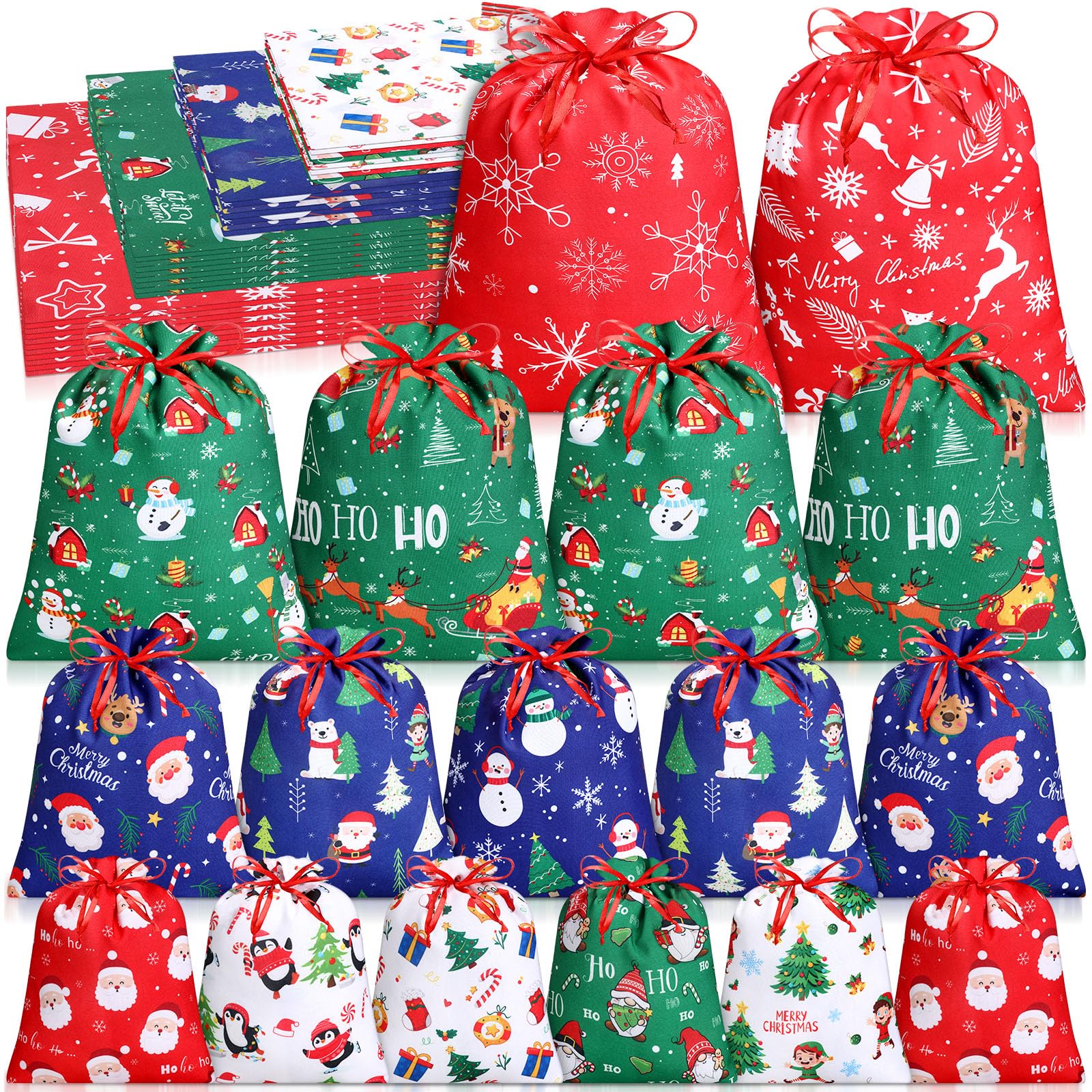 Abbylike 40 Pcs Christmas Drawstring Gift Bags with Tags Fabric Christmas Gift Wrapping Bags Assorted Sizes Large Medium Small Reusable Xmas Goody Sacks Pouches for Holiday Presents Party Favors