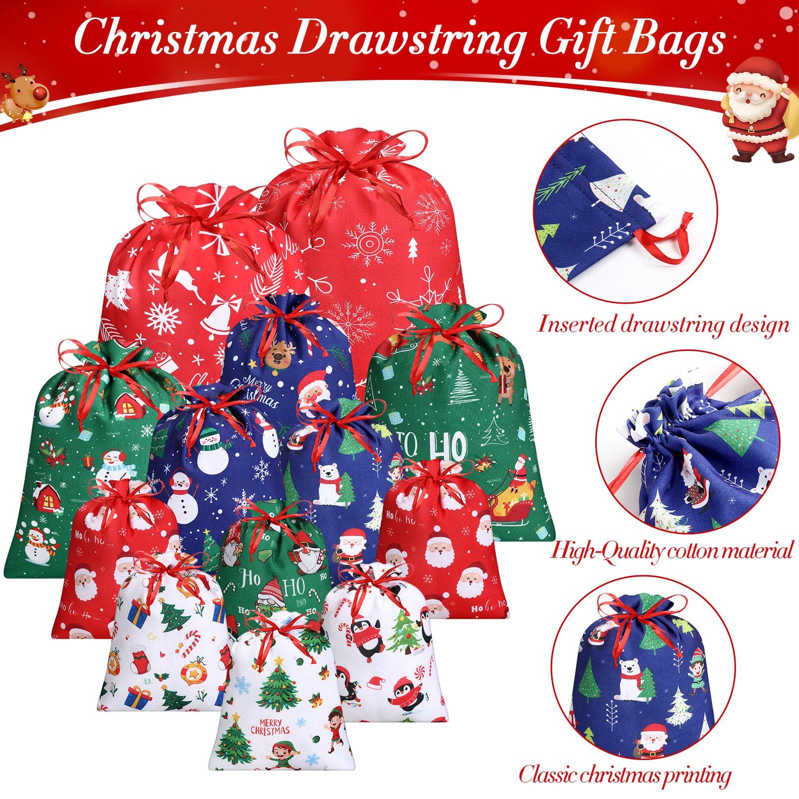 Abbylike 40 Pcs Christmas Drawstring Gift Bags with Tags Fabric Christmas Gift Wrapping Bags Assorted Sizes Large Medium Small Reusable Xmas Goody Sacks Pouches for Holiday Presents Party Favors