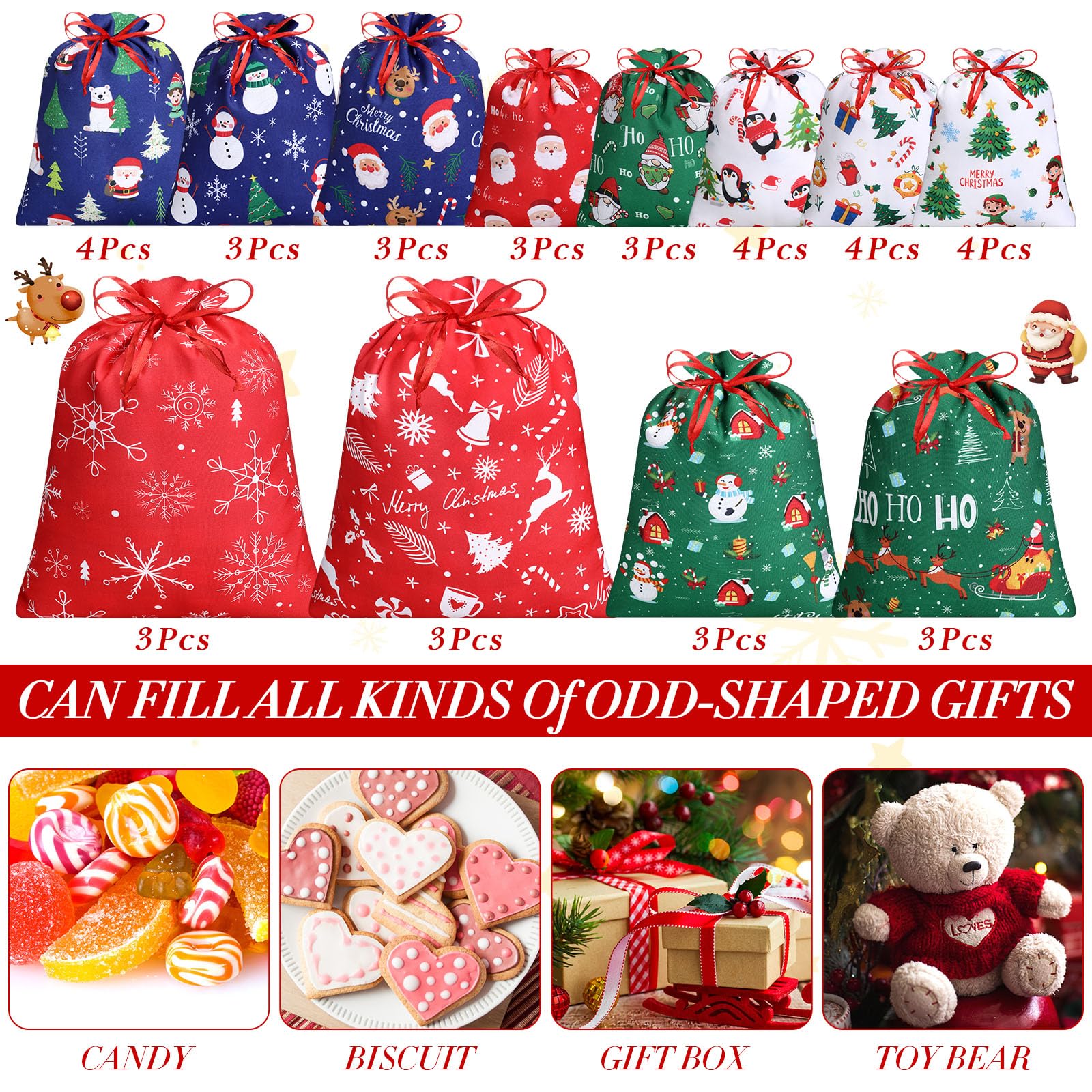 Abbylike 40 Pcs Christmas Drawstring Gift Bags with Tags Fabric Christmas Gift Wrapping Bags Assorted Sizes Large Medium Small Reusable Xmas Goody Sacks Pouches for Holiday Presents Party Favors