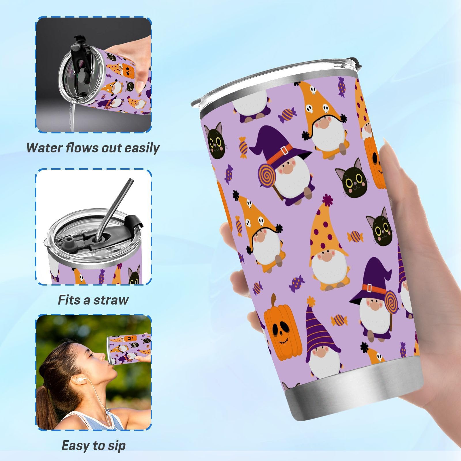 Jihqo Halloween Cute Gnomes Tumbler with Lid and Straw, Insulated Stainless Steel Tumbler Cup, Double Walled Travel Coffee Mug Thermal Vacuum Cups for Hot & Cold Drinks 20oz