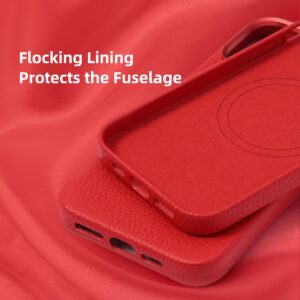 Zoof Genuine Leather Case for iPhone 15 Pro Max (6.7 inch) Top Litchi Grain Leather Magnetic Phone Case- Compatible with Magsafe - Red