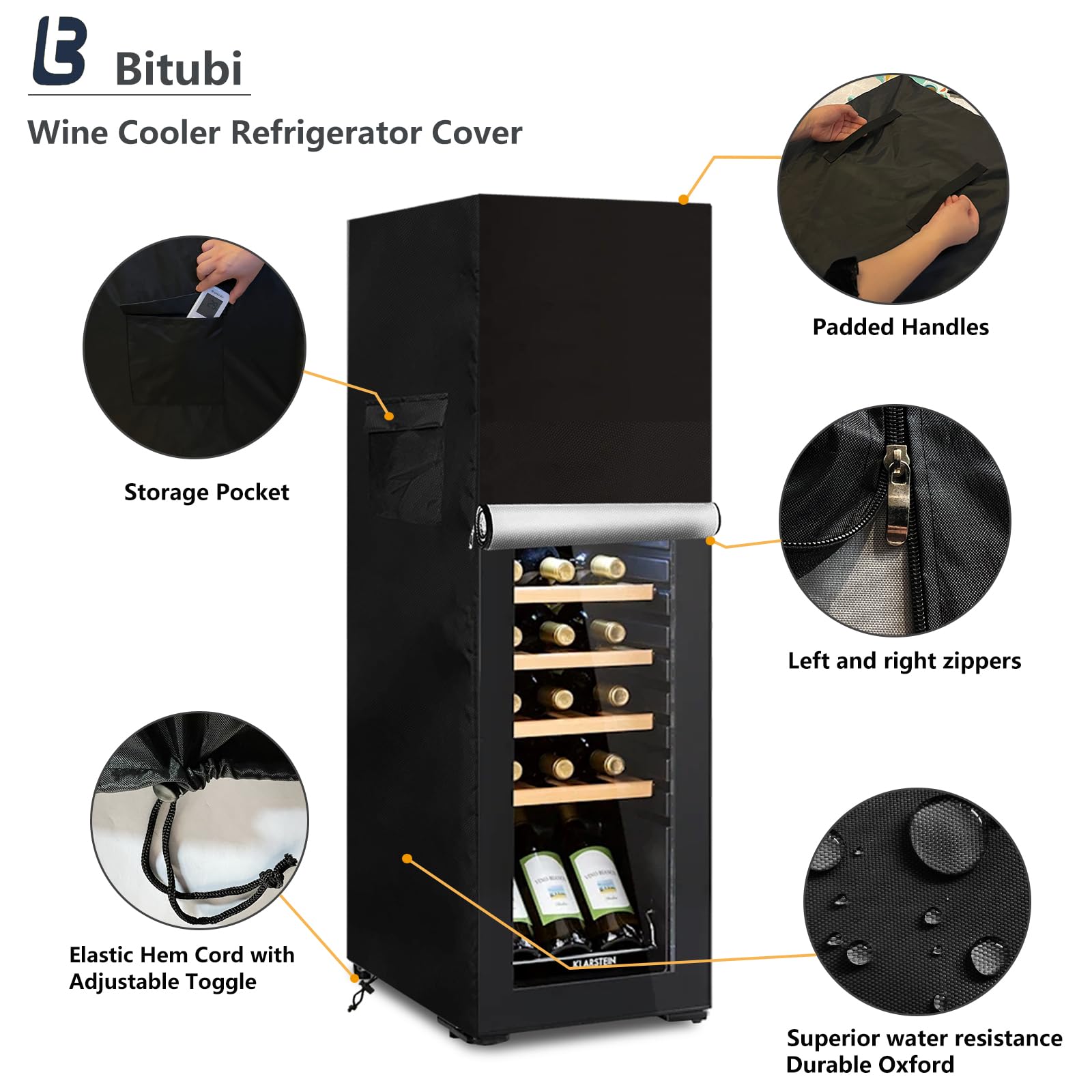 Bitubi Wine Cooler Refrigerator Cover,Outdoor Fridge Cover – Waterproof, Dustproof, Sun-Proof, 11" W x 19" D x 32" H. Suitable for most 12-14 Bottle Beer or Wine Mini Fridge (Black)