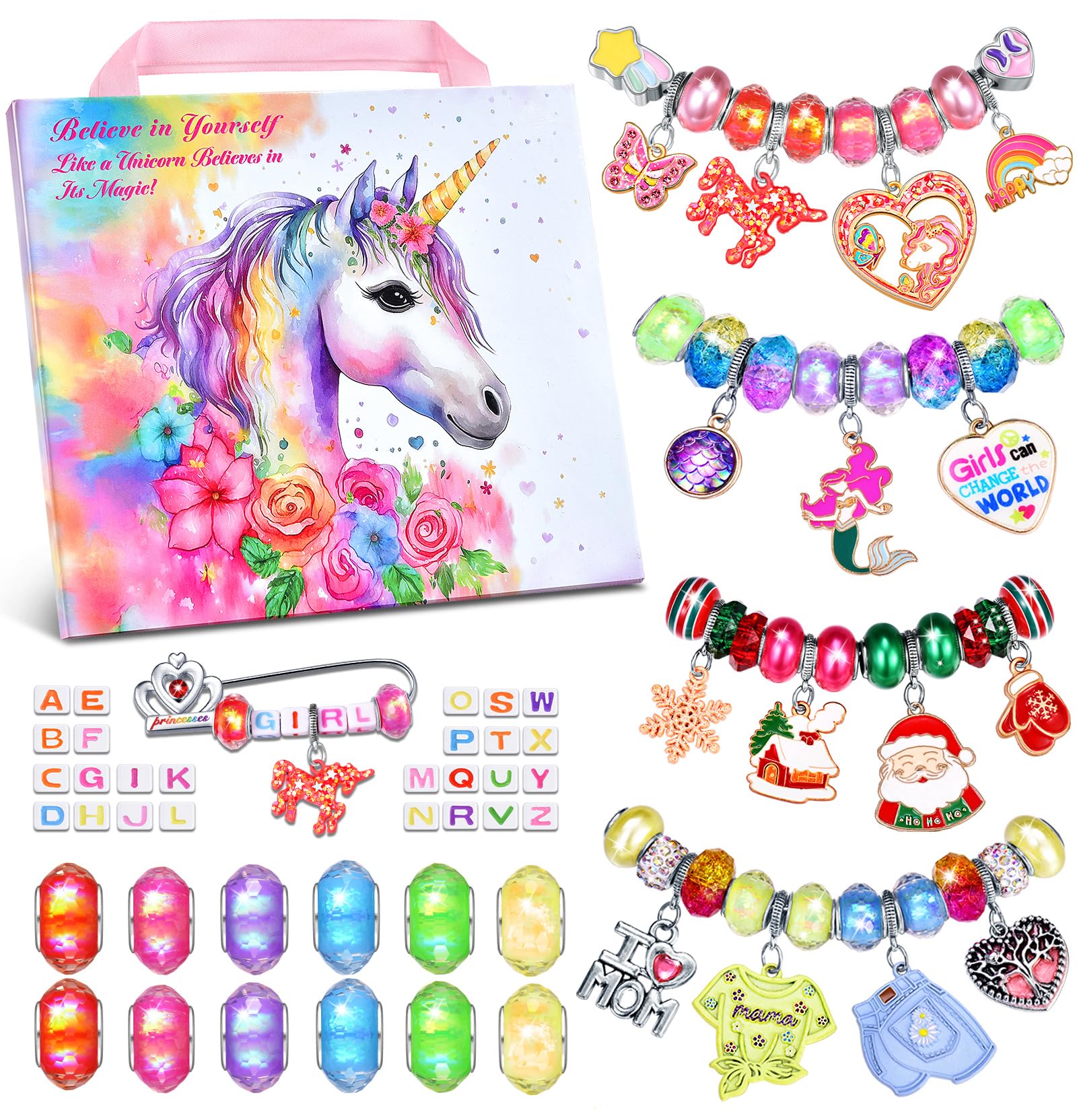 Girls Charm Bracelet Making Kit - Unicorn Jewelry Supplies Make Set DIY Art Craft Set Charm Bracelets Kits Creative Birthday Gifts for Kids Age 6 7 8 9 10 11 12 Year Old Girl Little Children Girl Toys