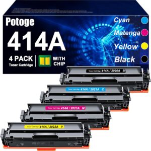 potoge 414a (with chip) toner cartridges 4 pack replaces with hp 414a 414x w2020a w2021a, compatible with hp color laserjet pro mfp m479fdn m479fdw m454dw m454, 414a ink (black cyan magenta yellow)