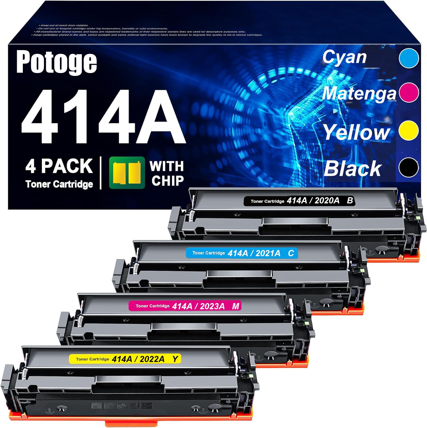 Potoge 414A (with Chip) Toner Cartridges 4 Pack Replaces with HP 414A 414X W2020A W2021A, Compatible with HP Color Laserjet Pro MFP M479fdn M479fdw M454dw M454, 414A Ink (Black Cyan Magenta Yellow)