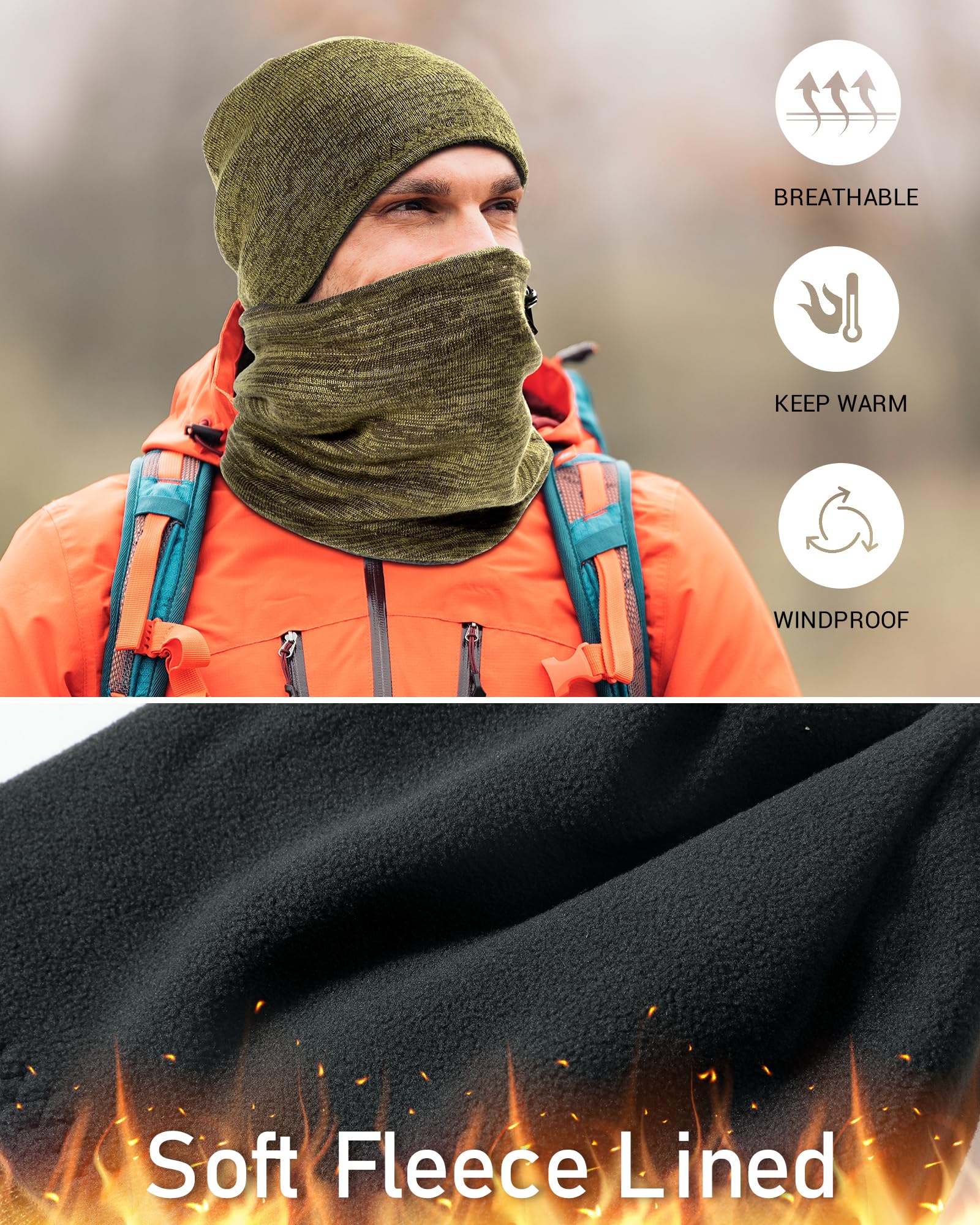 Winter Beanie Hat Scarf for Men Women Knit Thick Fleece Lined Warm Windproof Ski Skull Cap Neck Warmer Gaiter Face Scarf Set