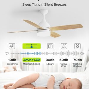 JACKYLED 52 Inch Ceiling Fan with Light Remote Control, 6 Fan Speeds & 3-Color Dimmable Light, Quiet Reversible DC Motor, LED Ceiling Fan Light for Bedroom, Living Room, White/Lightwood Blades