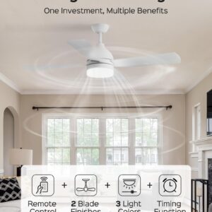 JACKYLED 52 Inch Ceiling Fan with Light Remote Control, 6 Fan Speeds & 3-Color Dimmable Light, Quiet Reversible DC Motor, LED Ceiling Fan Light for Bedroom, Living Room, White/Lightwood Blades