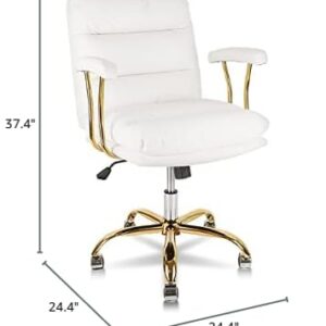 KLASIKA Ergonomic Office Desk Chair for Heavy People with Wheels and Arms, Faux Leather Computer Chair for Home Bedroom Office, White Chair Gold Caster