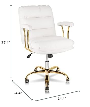 KLASIKA Ergonomic Office Desk Chair for Heavy People with Wheels and Arms, Faux Leather Computer Chair for Home Bedroom Office, White Chair Gold Caster