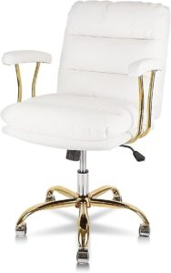 klasika ergonomic office desk chair for heavy people with wheels and arms, faux leather computer chair for home bedroom office, white chair gold caster